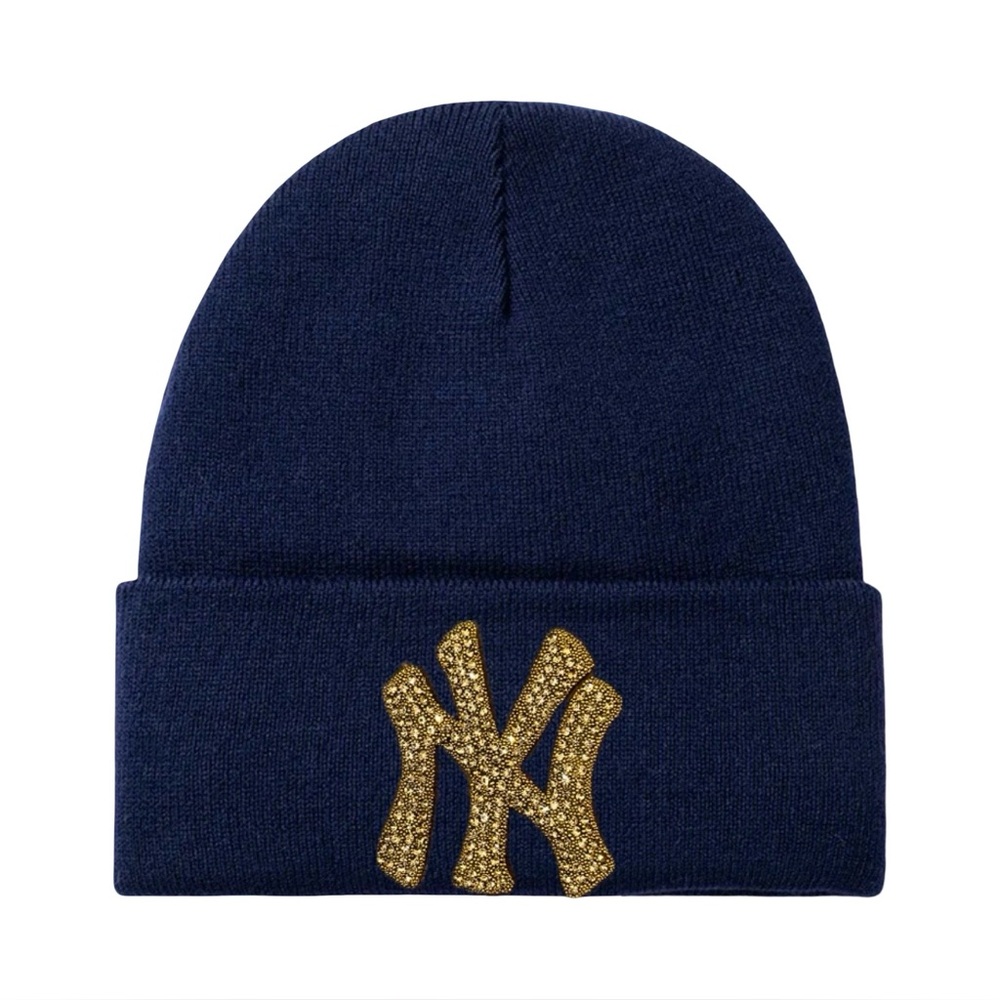 NEW Navy “NY” Satin lined Beanie with (Gold)  Rhinestone Logo